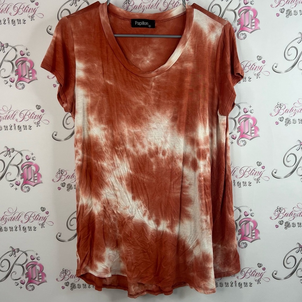 Papillon Blanc tshirt tee boho Tie-Dye Short Sleeve Top - Rust and White
